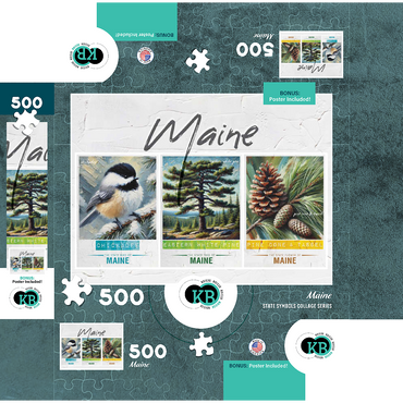Maine: Bird, Tree, Flower- State Symbols Collage Series 500 Jigsaw Puzzle box 3D Modell