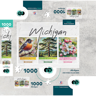Michigan: Bird, Tree, Flower- State Symbols Collage Series 1000 Jigsaw Puzzle box 3D Modell