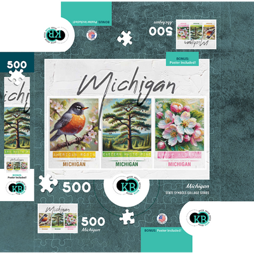 Michigan: Bird, Tree, Flower- State Symbols Collage Series 500 Jigsaw Puzzle box 3D Modell