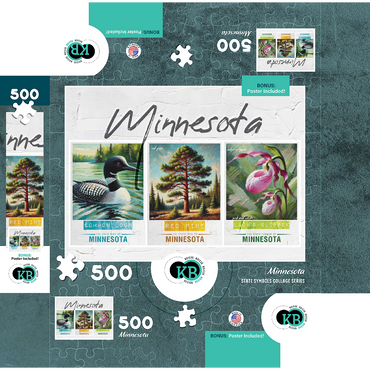 Minnesota: Bird, Tree, Flower- State Symbols Collage Series 500 Jigsaw Puzzle box 3D Modell