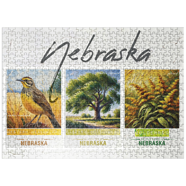 puzzleplate Nebraska: Bird, Tree, Flower- State Symbols Collage Series 500 Jigsaw Puzzle