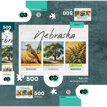 Nebraska: Bird, Tree, Flower- State Symbols Collage Series 500 Jigsaw Puzzle box 3D Modell