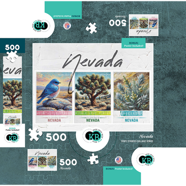 Nevada: Bird, Tree, Flower- State Symbols Collage Series 500 Jigsaw Puzzle box 3D Modell