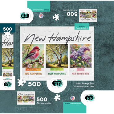 New Hampshire: Bird, Tree, Flower- State Symbols Collage Series 500 Jigsaw Puzzle box 3D Modell