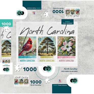 North Carolina: Bird, Tree, Flower- State Symbols Collage Series 1000 Jigsaw Puzzle box 3D Modell