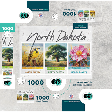 North Dakota: Bird, Tree, Flower- State Symbols Collage Series 1000 Jigsaw Puzzle box 3D Modell