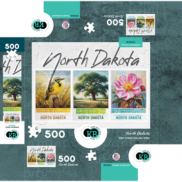 North Dakota: Bird, Tree, Flower- State Symbols Collage Series 500 Jigsaw Puzzle box 3D Modell