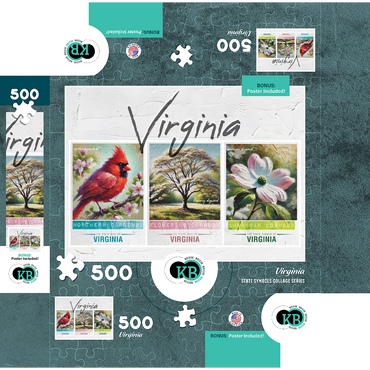 Virginia: Bird, Tree, Flower- State Symbols Collage Series 500 Jigsaw Puzzle box 3D Modell