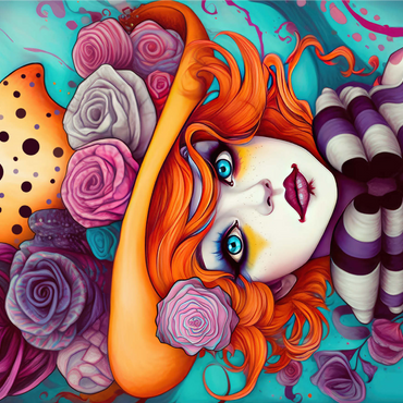 Whimsical Portrait of a Woman with Orange Hair and Floral Hat 1000 Jigsaw Puzzle 3D Modell