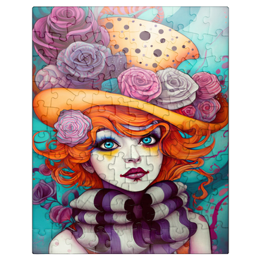 puzzleplate Whimsical Portrait of a Woman with Orange Hair and Floral Hat 100 Jigsaw Puzzle