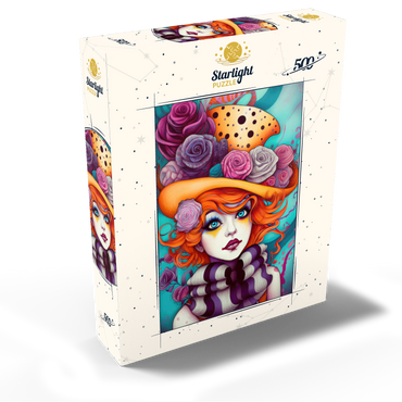 Whimsical Portrait of a Woman with Orange Hair and Floral Hat 500 Jigsaw Puzzle box view2