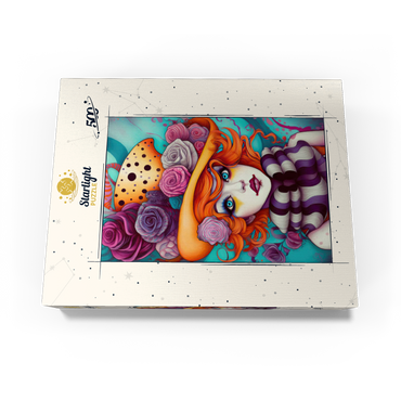 Whimsical Portrait of a Woman with Orange Hair and Floral Hat 500 Jigsaw Puzzle box view3