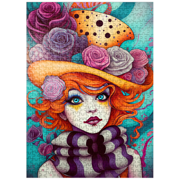 puzzleplate Whimsical Portrait of a Woman with Orange Hair and Floral Hat 500 Jigsaw Puzzle