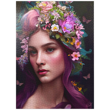 puzzleplate Elegant Woman with Floral Crown and Butterfly Accents 1000 Jigsaw Puzzle