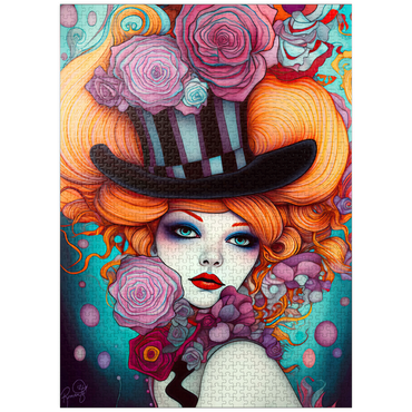 puzzleplate Whimsical Woman with Striped Top Hat and Floral Accents 1000 Jigsaw Puzzle