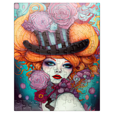 puzzleplate Whimsical Woman with Striped Top Hat and Floral Accents 100 Jigsaw Puzzle