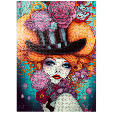 puzzleplate Whimsical Woman with Striped Top Hat and Floral Accents 500 Jigsaw Puzzle