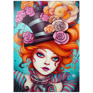 puzzleplate Whimsical Woman with Striped Top Hat and Floral Accents 1000 Jigsaw Puzzle