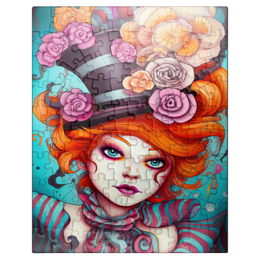 puzzleplate Whimsical Woman with Striped Top Hat and Floral Accents 100 Jigsaw Puzzle