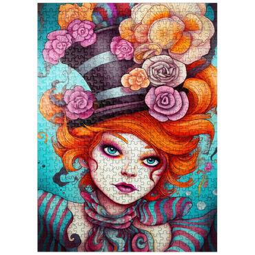 puzzleplate Whimsical Woman with Striped Top Hat and Floral Accents 500 Jigsaw Puzzle