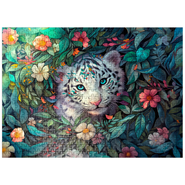 puzzleplate White Tiger Cub Surrounded by Vibrant Jungle Flowers 500 Jigsaw Puzzle
