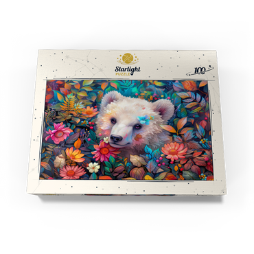 Adorable White Bear Cub Surrounded by Vibrant Flowers 100 Jigsaw Puzzle box view3