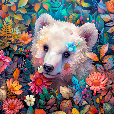Adorable White Bear Cub Surrounded by Vibrant Flowers 100 Jigsaw Puzzle 3D Modell