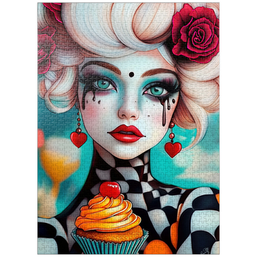 puzzleplate Whimsical Woman with Cupcake and Surreal Makeup 1000 Jigsaw Puzzle