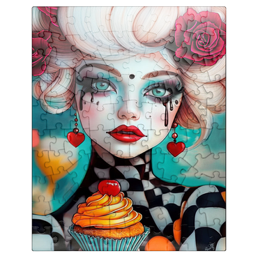 puzzleplate Whimsical Woman with Cupcake and Surreal Makeup 100 Jigsaw Puzzle
