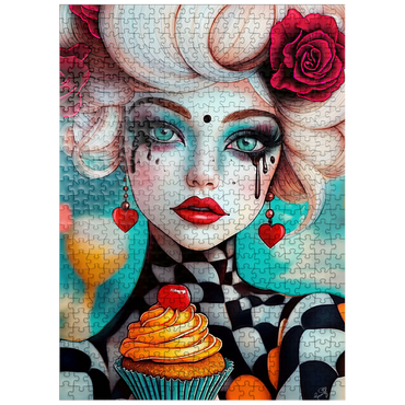 puzzleplate Whimsical Woman with Cupcake and Surreal Makeup 500 Jigsaw Puzzle