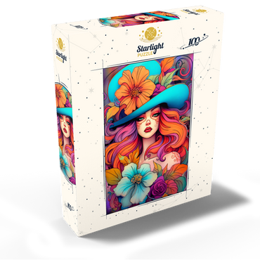 Floral Crowned Woman in Cyan Hat 100 Jigsaw Puzzle box view2