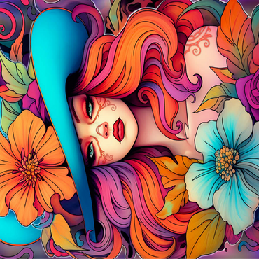 Floral Crowned Woman in Cyan Hat 100 Jigsaw Puzzle 3D Modell