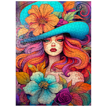 puzzleplate Floral Crowned Woman in Cyan Hat 500 Jigsaw Puzzle