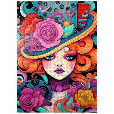 puzzleplate Whimsical Redhead in Rose-Embellished Hat 500 Jigsaw Puzzle