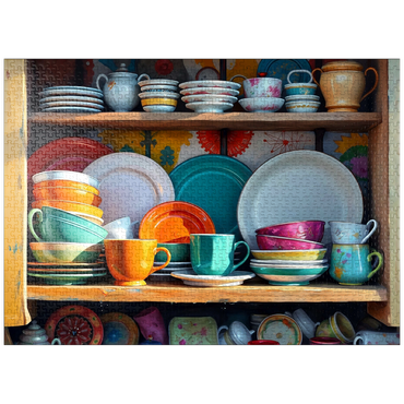 puzzleplate Colorful Ceramic Dishware Set in Rustic Kitchen Cabinet 1000 Jigsaw Puzzle