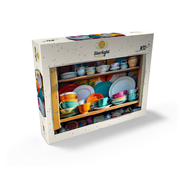 Colorful Ceramic Dishware Set in Rustic Kitchen Cabinet 100 Jigsaw Puzzle box view2