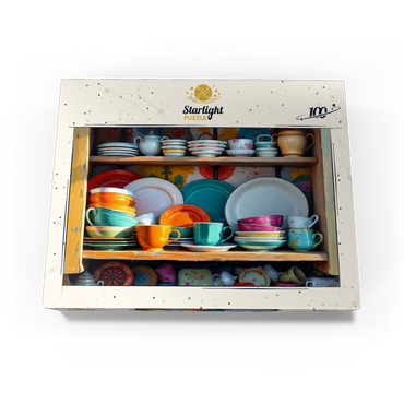 Colorful Ceramic Dishware Set in Rustic Kitchen Cabinet 100 Jigsaw Puzzle box view3