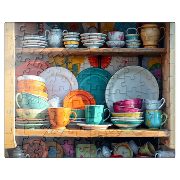 puzzleplate Colorful Ceramic Dishware Set in Rustic Kitchen Cabinet 100 Jigsaw Puzzle