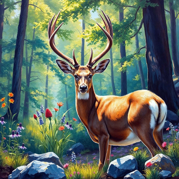 Majestic Deer in a Sunlit Forest with Wildflowers 100 Jigsaw Puzzle 3D Modell
