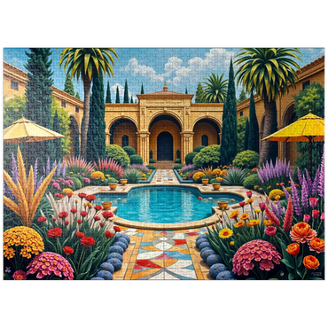 puzzleplate Mediterranean Courtyard Garden with Pool and Colorful Flowers 1000 Jigsaw Puzzle