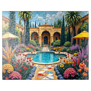 puzzleplate Mediterranean Courtyard Garden with Pool and Colorful Flowers 100 Jigsaw Puzzle