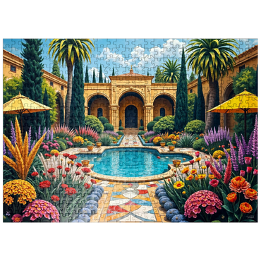 puzzleplate Mediterranean Courtyard Garden with Pool and Colorful Flowers 500 Jigsaw Puzzle