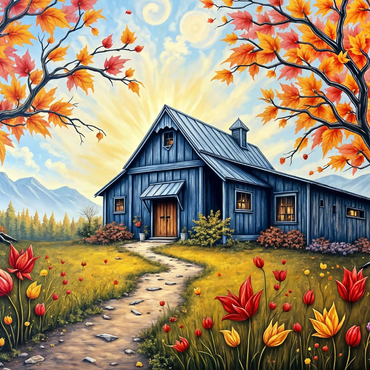 Charming Blue Barn in an Autumn Landscape with Colorful Foliage 1000 Jigsaw Puzzle 3D Modell