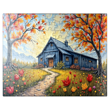 puzzleplate Charming Blue Barn in an Autumn Landscape with Colorful Foliage 100 Jigsaw Puzzle