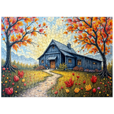 puzzleplate Charming Blue Barn in an Autumn Landscape with Colorful Foliage 500 Jigsaw Puzzle