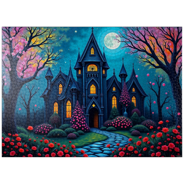 puzzleplate Enchanting Gothic Mansion Under a Full Moon with Blooming Garden 1000 Jigsaw Puzzle