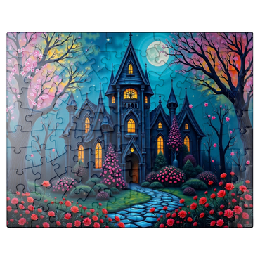 puzzleplate Enchanting Gothic Mansion Under a Full Moon with Blooming Garden 100 Jigsaw Puzzle