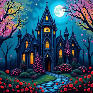 Enchanting Gothic Mansion Under a Full Moon with Blooming Garden 100 Jigsaw Puzzle 3D Modell