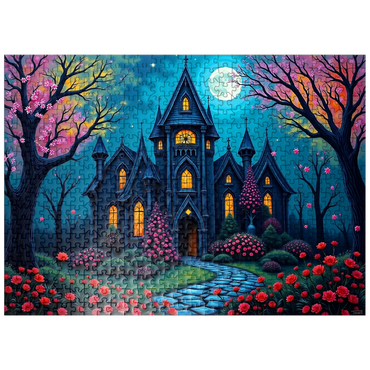 puzzleplate Enchanting Gothic Mansion Under a Full Moon with Blooming Garden 500 Jigsaw Puzzle