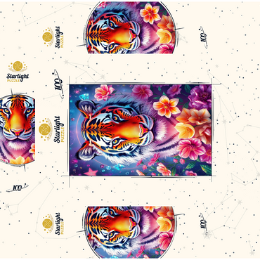 Vibrant Cosmic Tiger with Flowers and Gemstones 100 Jigsaw Puzzle box 3D Modell